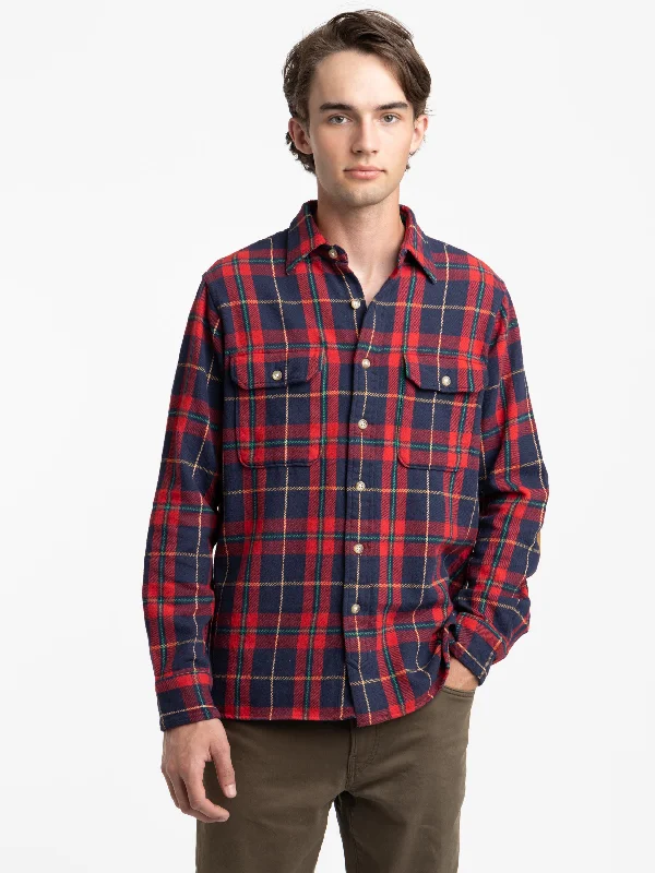 Quick Sale Red/Navy Classic Fit Suede-Patch Plaid Workshirt