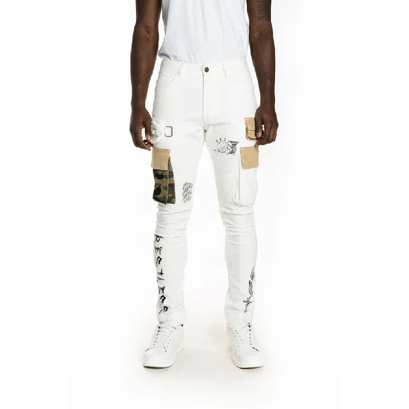 Massive Deals Slim Tapered Utility Fashion Cargo Twill Pants - Cream