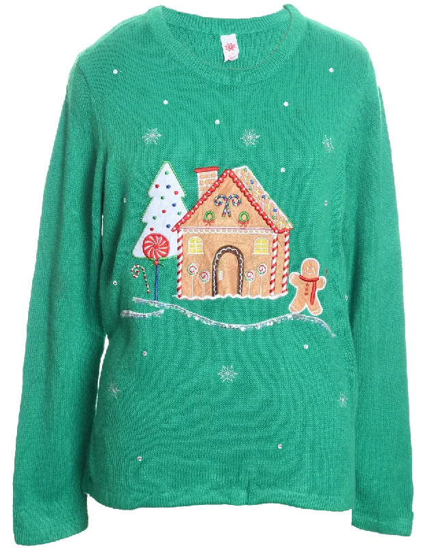 Overstock Clearance Winter Scene Green Knit Christmas Jumper - L