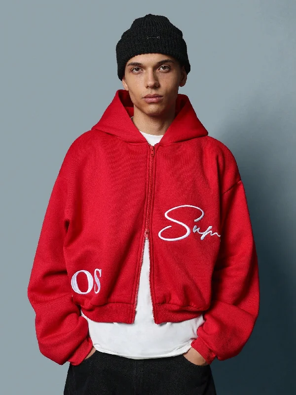 Limited Availability Crop Fit Zip Up Hoodie With Script Embroidery Pattern