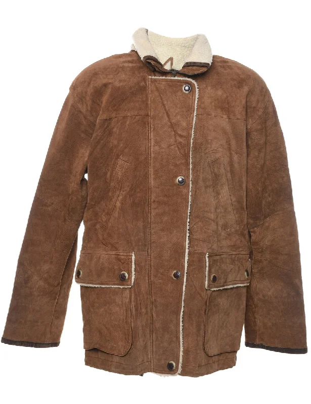 Low Price Zip Front Brown Shearling Lined Suede Jacket - M