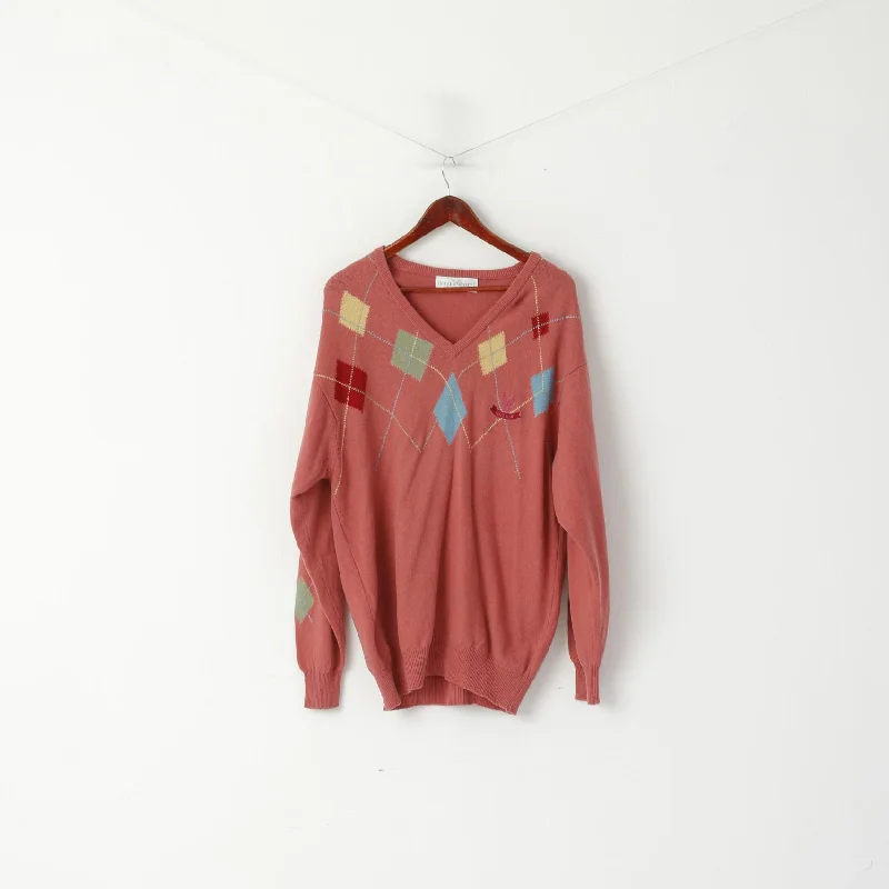 Value Deals Lyle & Scott Men L Jumper Dirty Pink Wool V Neck Diamonds Pattern Scotland Sweater