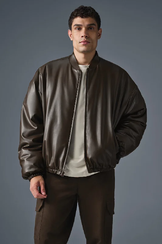 Hurry In Faux Leather Premier Bomber - Espresso