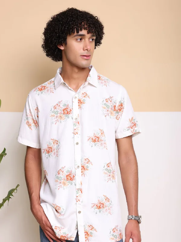 Limited Stock Orange Half Casual Printed Cotton Shirt Regular Fit For Man