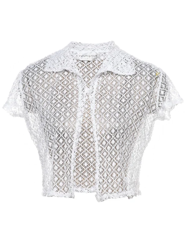 Top Pick White Short-Sleeve Lace Sheer Y2K Blouse - M