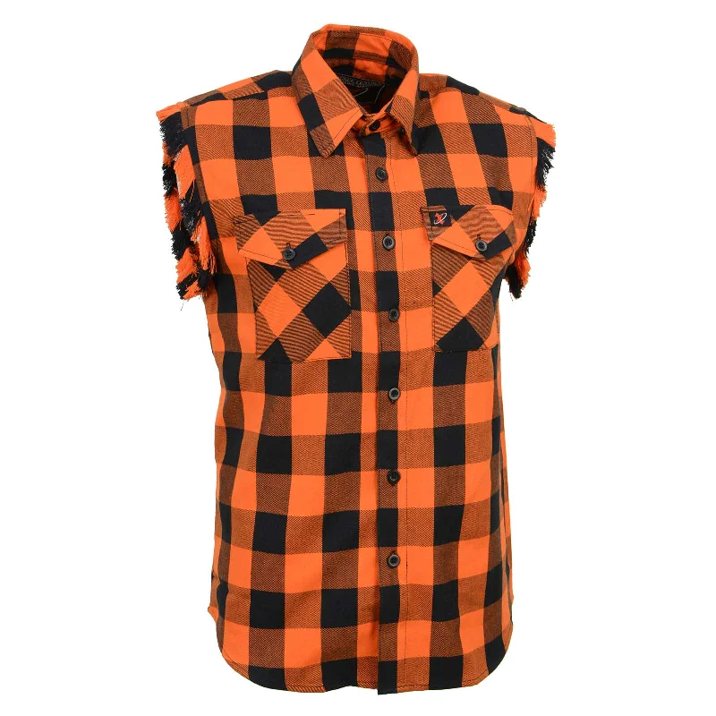 Midnight Sale Milwaukee Leather MNG11698 Men’s Classic Black and Orange Button-Down Flannel Cut Off Frayed Sleeveless Casual Shirt