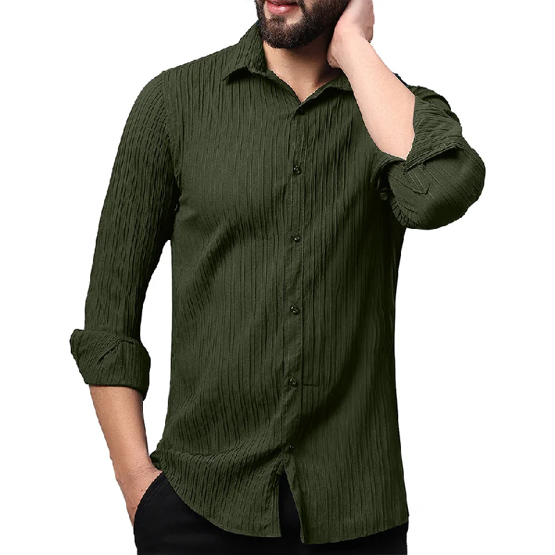 Instant Discount Crushed Self Stripe Mehndi Olive Shirt