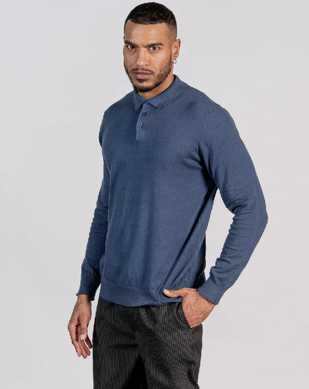Year-End Clearance ESSENTIAL LONG SLEEVE KNITTED POLO TOP - ROYAL BLUE