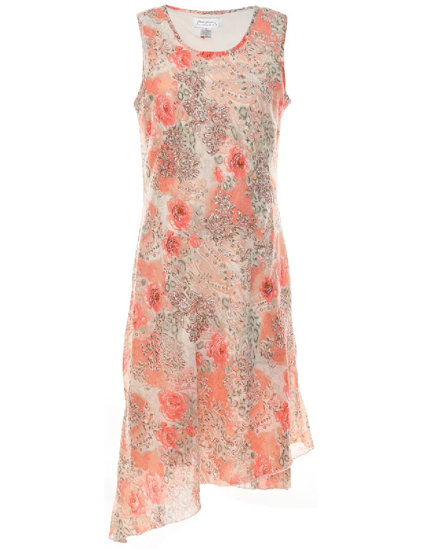 Exclusive Deal Y2K Floral Print Coral Asymmetrical Hem Dress - L