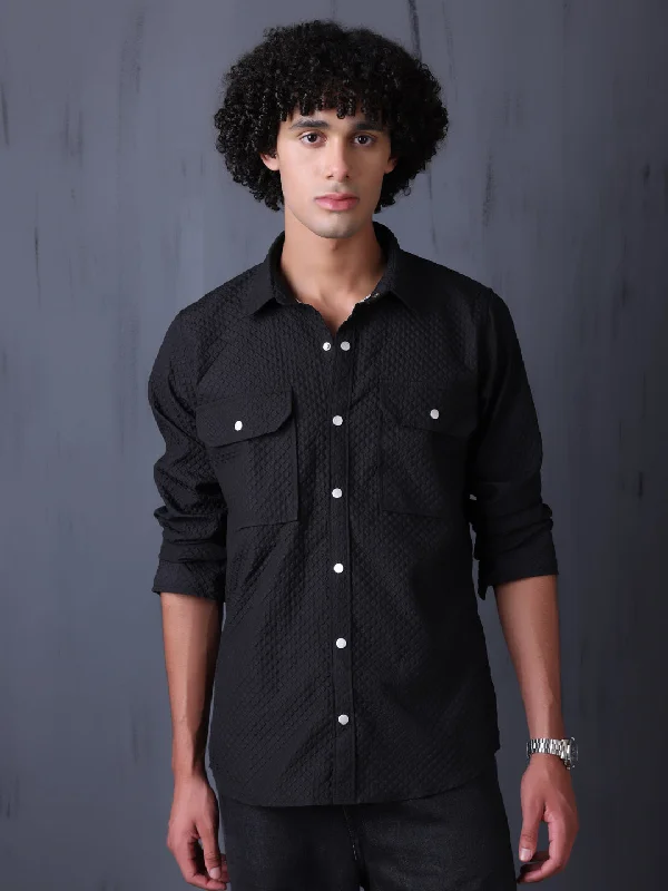 Blowout Sale Man's Casual Imported Fabric Double Pocket Crush Shirts - Black